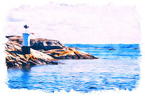 Wadi Home coastal lighthouse landscape watercolor art. Blue ocean, rocky shore, and white lighthouse.