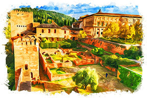 Wadi Home watercolor landscape art print of an ancient fortress and gardens with vibrant green trees and blue sky.