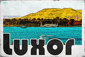 Wadi Home Luxor vintage travel poster with Nile River, feluccas, and desert hills. Bold graphic text.