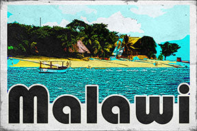 Wadi Home Malawi Beach tropical landscape wall art with turquoise water, palm trees, and retro lettering.