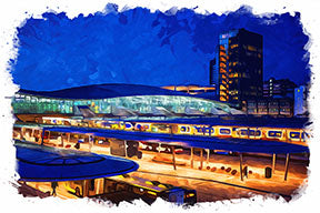 Wadi Home Modern Cityscape At Night Wall Art, vibrant blues and warm yellows, urban scene with glowing lights and architectural silhouettes.