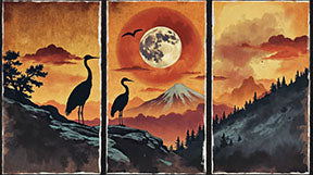 Wadi Home Serene Mountain Landscape Triptych Wall Art featuring silhouetted cranes, a full moon, and a mountain under a sunset sky. Watercolor texture.