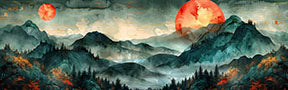 Wadi Home Misty Mountain Landscape artwork with two red suns, emerald peaks, and forest green mist.
