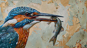 Wadi Home Kingfisher with fish wall art, vibrant blue and orange kingfisher holding a fish in its beak, textured background.