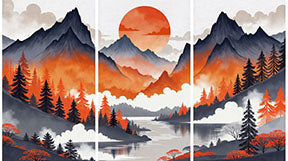 Wadi Home Mountain Sunset Triptych Wall Art, three canvas panels depicting a vibrant orange sunset over dark blue mountains and pine trees.