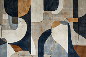 Wadi Home abstract geometric canvas wall art with blue, brown, and neutral tones. Modern art with organic and geometric shapes.