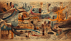 Wadi Home abstract Arabic calligraphy wall art in warm earth tones, deep blues, and orange accents. Modern Islamic art.
