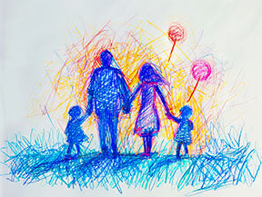 Wadi Home abstract family portrait with balloons, featuring blue, orange, and yellow scribbled art of a family holding balloons.