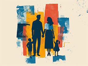 Wadi Home abstract family silhouette wall art with bold blue, orange, and yellow brush strokes. Family of four holding hands.