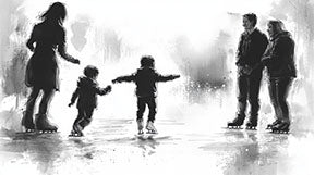 Wadi Home black and white watercolor art print of a family ice skating, capturing a joyful winter moment.