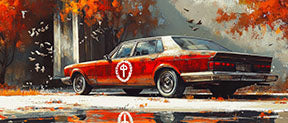 Wadi Home vintage red sedan canvas print with autumn landscape and birds. Artwork features warm fall colors and a classic car.