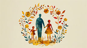 Wadi Home Family Silhouette in Floral Wreath Wall Art, watercolor style, autumn hues, family togetherness