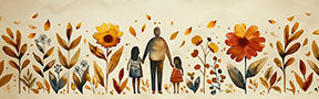 Wadi Home watercolor-style canvas art of a parent holding hands with two children in a vibrant autumnal garden.