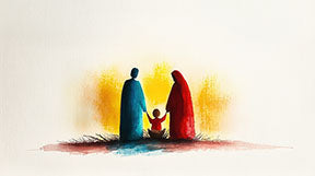 Wadi Home abstract family silhouette wall art, watercolor style, featuring figures in blue and red bathed in a warm glow.