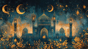 Wadi Home Islamic Mosque Celestial Art with teal and gold crescent moons and floral details.