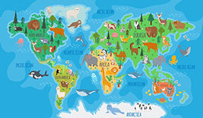 Wadi Home illustrated world map with animals, featuring continents, oceans, and diverse wildlife in vibrant colors. Educational decor for kids.
