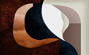 Wadi Home abstract organic shapes wall art in deep blues, browns, and copper tones, adding modern elegance to a living room.