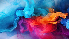 Wadi Home abstract smoke swirl wall art with vibrant electric blue, orange, pink, and purple colors.