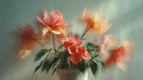Wadi Home floral arrangement wall art with soft coral and peach blossoms in impressionistic style on canvas.