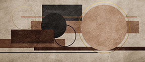 Wadi Home abstract geometric canvas art in earthy tones with gold accents. Features circles, rectangles, and lines.