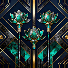 Wadi Home Art Deco Lotus Flower Wall Art with navy, emerald green, and gold accents. Geometric patterns and stylized blooms.