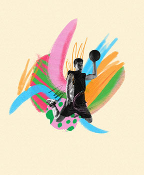 Wadi Home dynamic basketball player artwork with vibrant abstract brushstrokes in pink, blue, green, and orange.