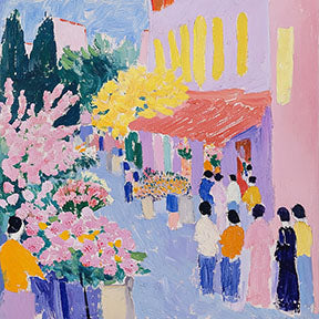 Wadi Home vibrant street scene painting with pink flowers, yellow trees, and people. Expressive style, bold colors.