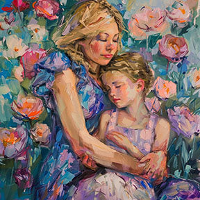 Wadi Home mother and child embrace floral artwork painting with pink, purple, and blue flowers. Impressionistic style.