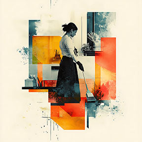 Wadi Home abstract geometric wall art depicting a woman sweeping in warm oranges, yellows, and cool blues.