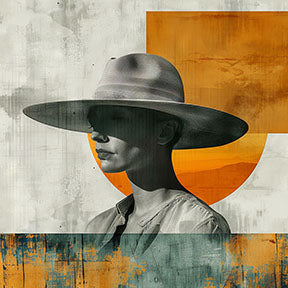 Wadi Home abstract portrait art with a figure wearing a wide-brimmed hat, featuring muted tones with orange and teal accents.