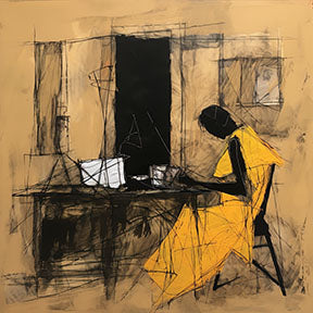Wadi Home abstract wall art of a seated figure in a yellow dress, charcoal sketch on tan background.