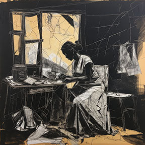 Wadi Home black and white sketch wall art of a woman working at a table with golden accents.
