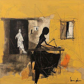 Wadi Home abstract artwork with black figures on yellow background, modern wall art for living space.