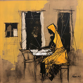 Wadi Home abstract artwork of a woman in a yellow robe reading at a table, rendered in ochre, black, and earthy tones.