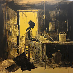 Wadi Home's Weaver's Solitude wall art depicts a woman weaving in a dimly lit room with ochre and black tones.