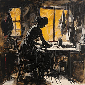 Wadi Home The Seamstress At Work wall art, sketch-style silhouette of a woman sewing at a table, warm yellow window light.