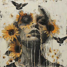 Wadi Home abstract wall art: monochromatic portrait with yellow sunflowers and black birds, modern artistic statement.