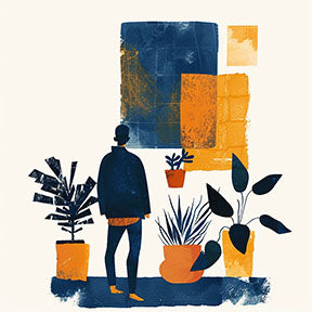 Wadi Home abstract wall art with figure and plants in blue, orange, and cream. Modern minimalist style.