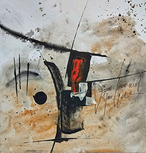 Wadi Home Abstract Expressionist wall art with earthy tones, black strokes, and red accent. Textured mixed-media.