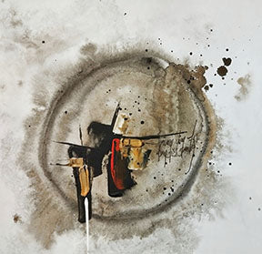 Wadi Home abstract circular mixed media wall art in earthy tones with black, red, and gold accents.