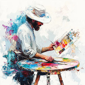Wadi Home canvas wall art depicting an artist in a white hat painting with vibrant colors on a palette and table.