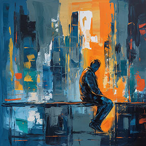 Wadi Home Urban Solitude abstract canvas art print featuring a silhouetted figure against a vibrant cityscape in blues, oranges, and grays.