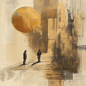 Wadi Home abstract wall art with two silhouetted figures, golden sphere, and textured earthy tones.