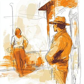 Wadi Home abstract wall art with figures in warm orange and beige tones, sketch-like style.