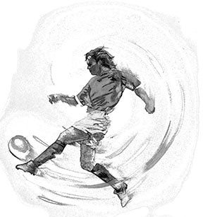 Wadi Home black and white sketch artwork of a soccer player in mid-kick action, conveying motion and energy.