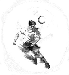 Wadi Home black and white sketch artwork of a soccer player dribbling a ball under a crescent moon.