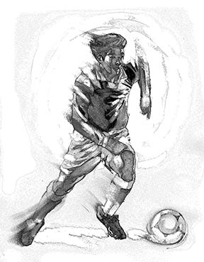 Wadi Home black and white sketch artwork of a soccer player in motion with a ball.