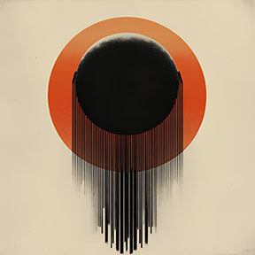 Wadi Home Abstract Sunburst Wall Art with black orb, orange gradient, and dripping lines on cream background.