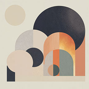 Wadi Home abstract geometric arch wall art with cream, beige, navy, and terracotta circles and arches.