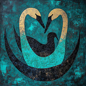 Wadi Home Abstract Swan Embrace wall art featuring two swans in teal, black, and gold forming a heart shape on a textured background.